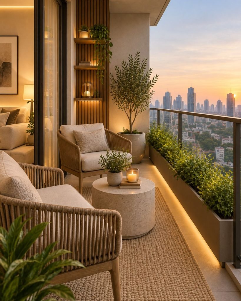 Luxury minimalist apartment balcony with warm wood furniture, neutral seating, greenery, and soft evening lighting