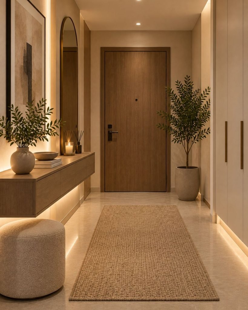 Luxury minimalist apartment entryway with a slim wood console, large artwork, and uncluttered styling