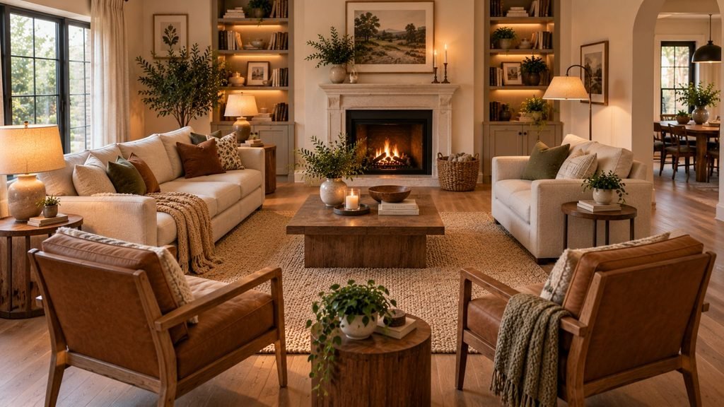 Cozy living room with furniture arranged closely enough for conversation while maintaining comfortable walking space