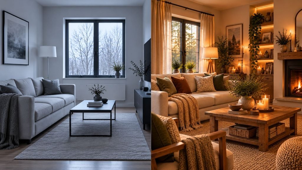 Comparison of a sparse cold living room and the same room made cozier with warm lighting, texture, and natural materials