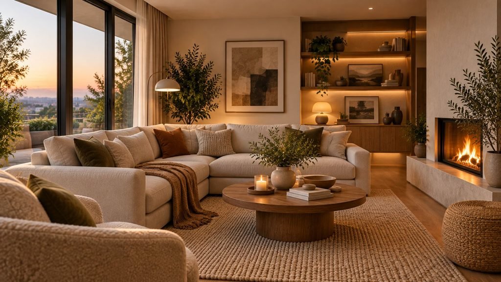 Cozy living room ideas with a cream sectional, warm wood furniture, layered lighting, soft textiles, and a fireplace