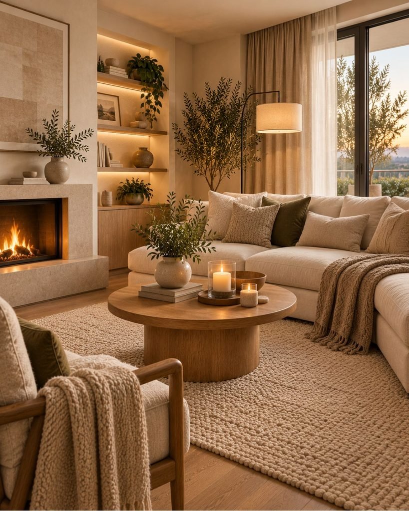 A warm neutral cozy living room with a bouclé sofa, knit throw, honey-toned wood, and layered lamp lighting