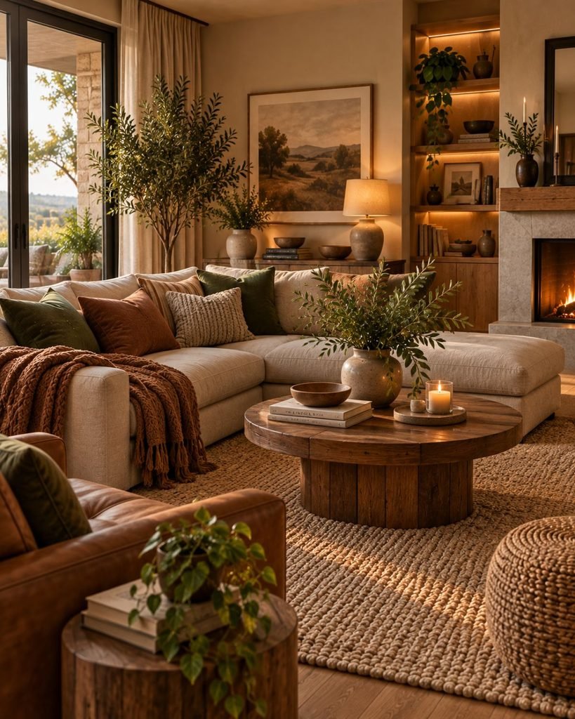 Earthy cozy living room with warm brown tones, natural wood, textured fabrics, greenery, and layered lighting