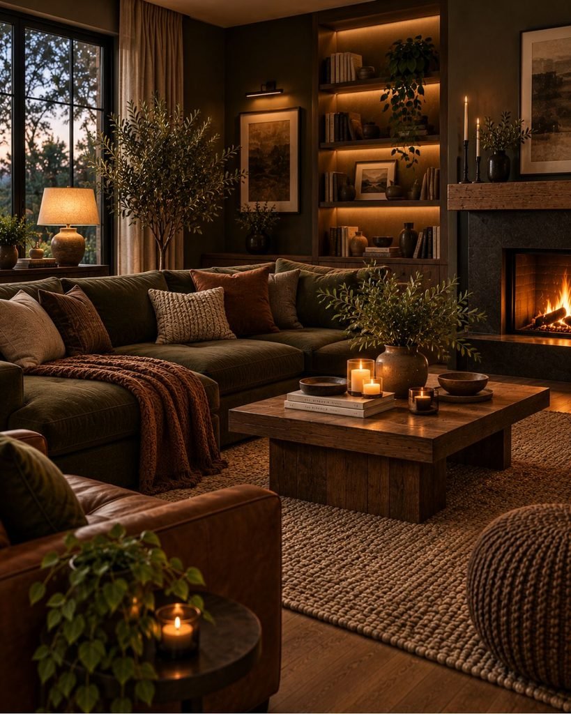 Dark and moody cozy living room with deep walls, warm wood furniture, textured upholstery, and soft lamp lighting