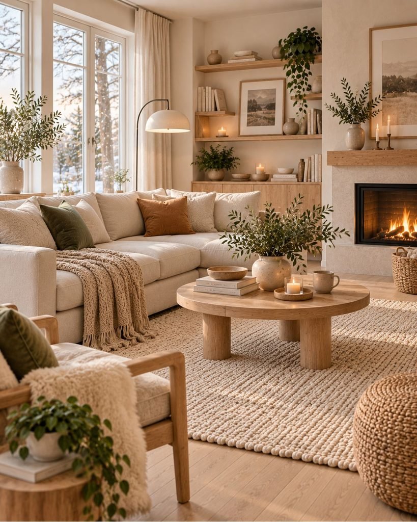 Scandinavian cozy living room with pale wood, soft neutral furniture, warm textiles, and simple layered decor