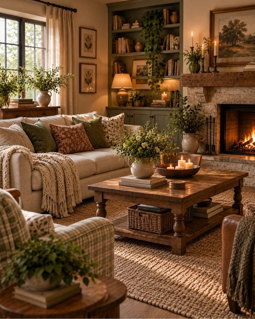 Cottage-style cozy living room with comfortable seating, warm wood, patterned textiles, and softly layered decor