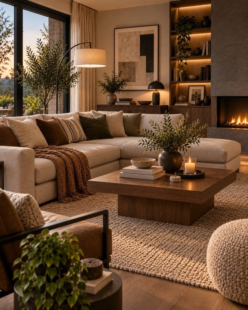 Modern cozy living room with clean-lined furniture, warm wood, textured fabrics, and layered ambient lighting