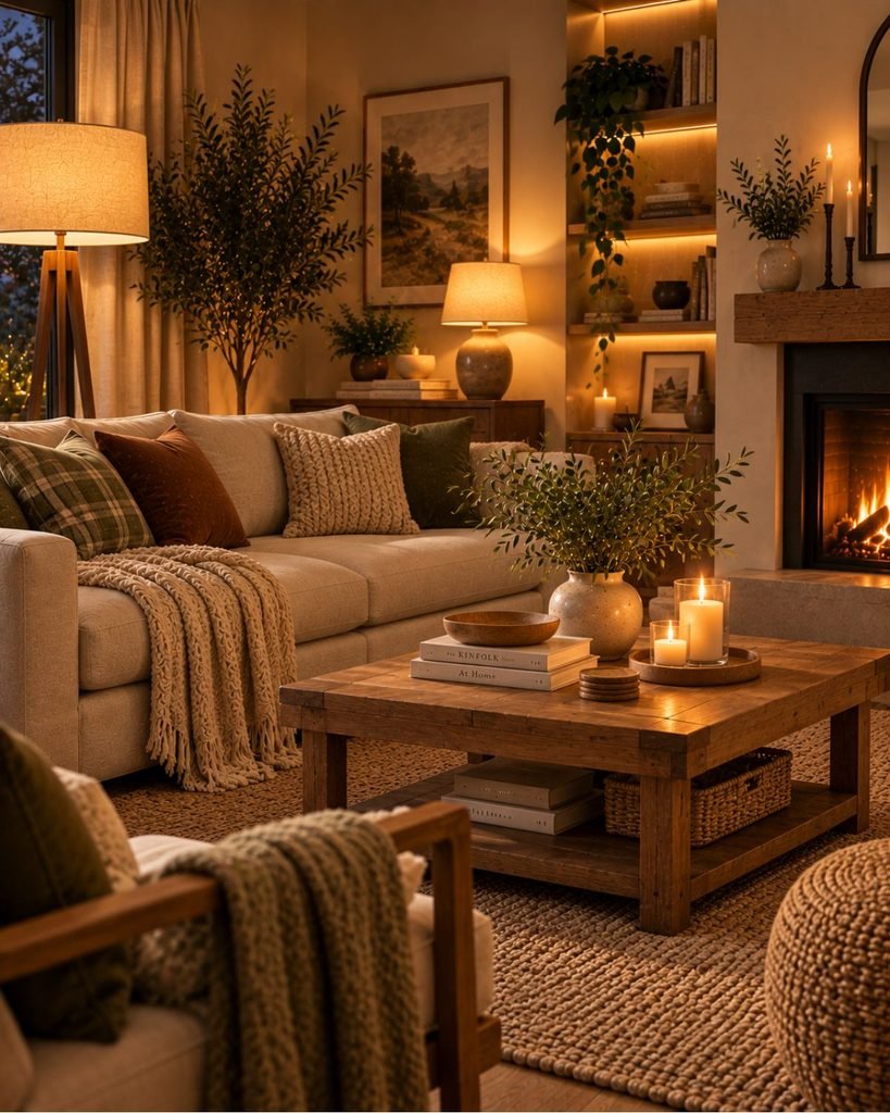 Cozy living room showing layered lighting from a floor lamp, table lamp, and warm ambient light