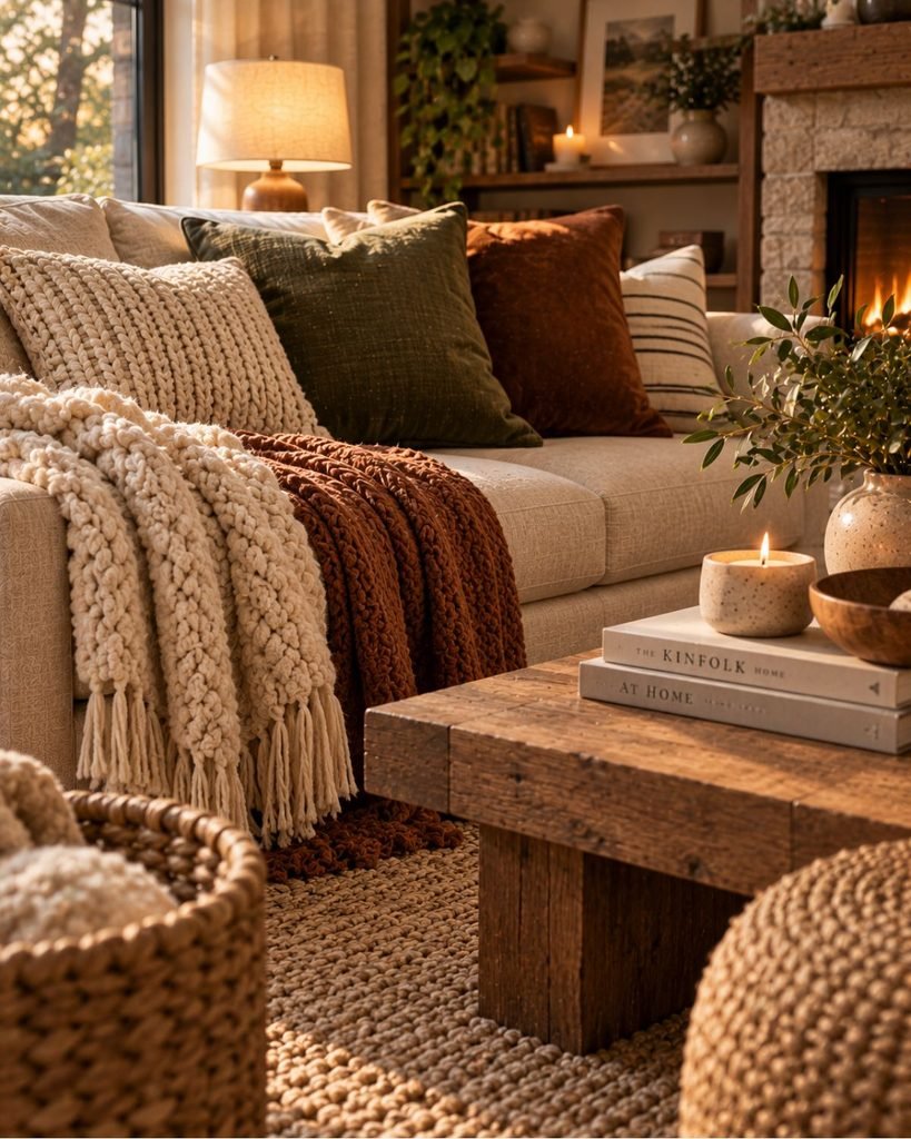Close view of layered cozy living room textures including wool, woven fabric, natural wood, and soft upholstery