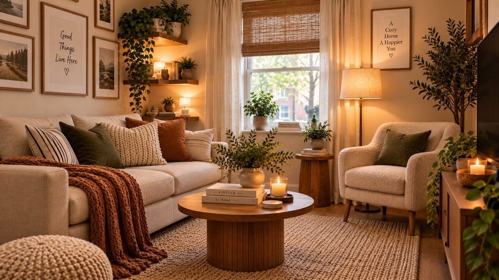 Small cozy living room with appropriately scaled furniture, layered textiles, warm lighting, and an uncluttered layout
