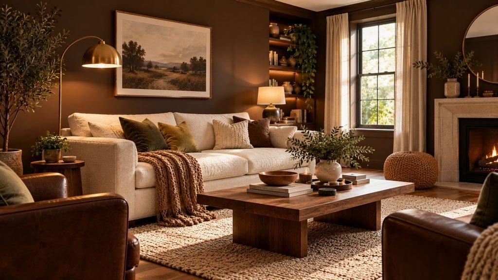 Brown living room ideas with deep espresso walls, a cream sofa, walnut furniture, and warm brass accents