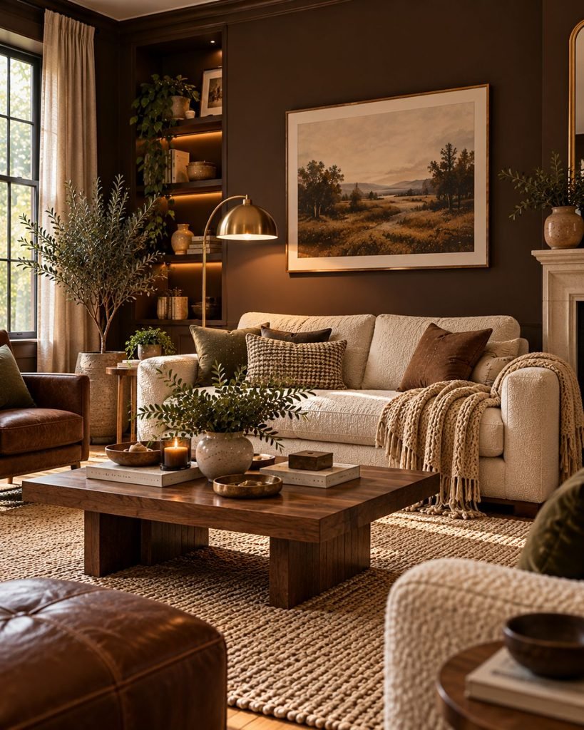 Espresso brown living room with a cream sofa, walnut furniture, layered neutral textiles, and warm lighting