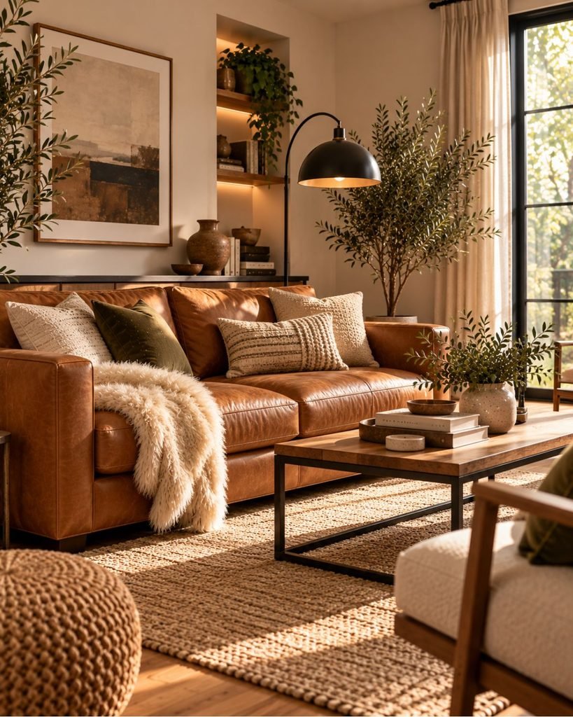 Caramel leather sofa paired with black metal furniture, warm wood, cream textiles, and greenery in a brown living room