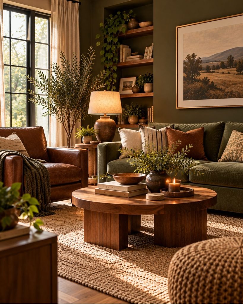 Chestnut brown leather armchair with an olive green sofa, warm wood furniture, and layered earthy textiles