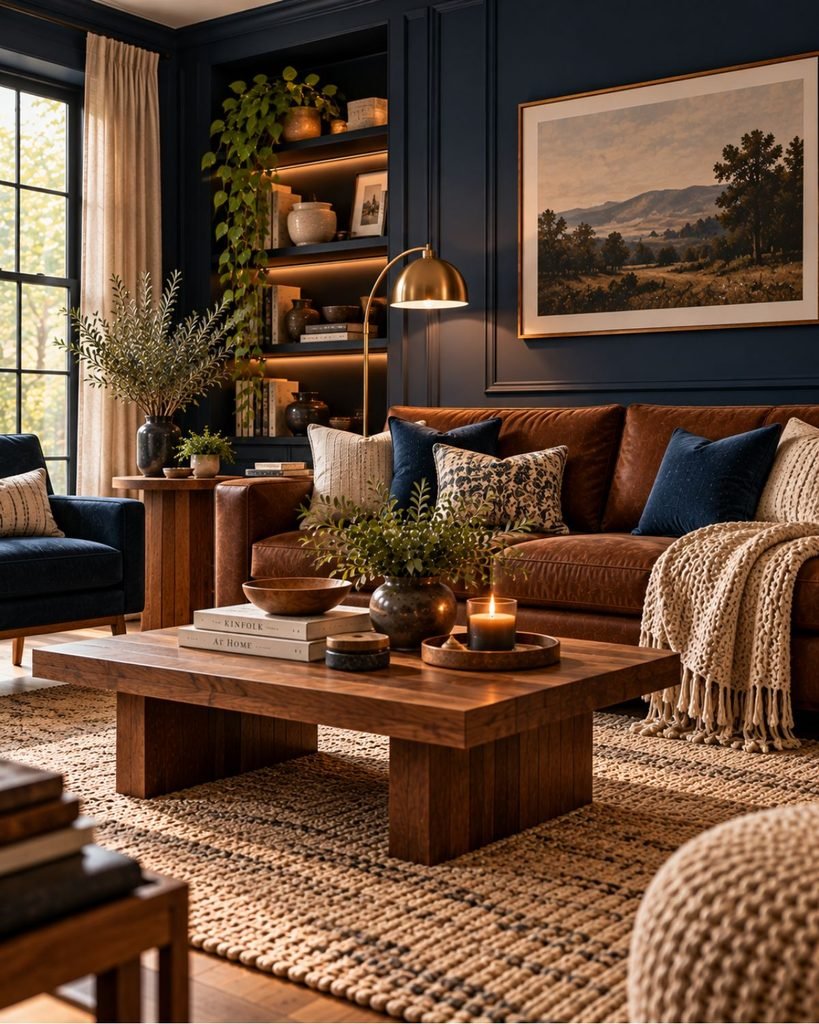 Chocolate brown sofa against deep navy walls with cream textiles, warm wood furniture, and brass lighting