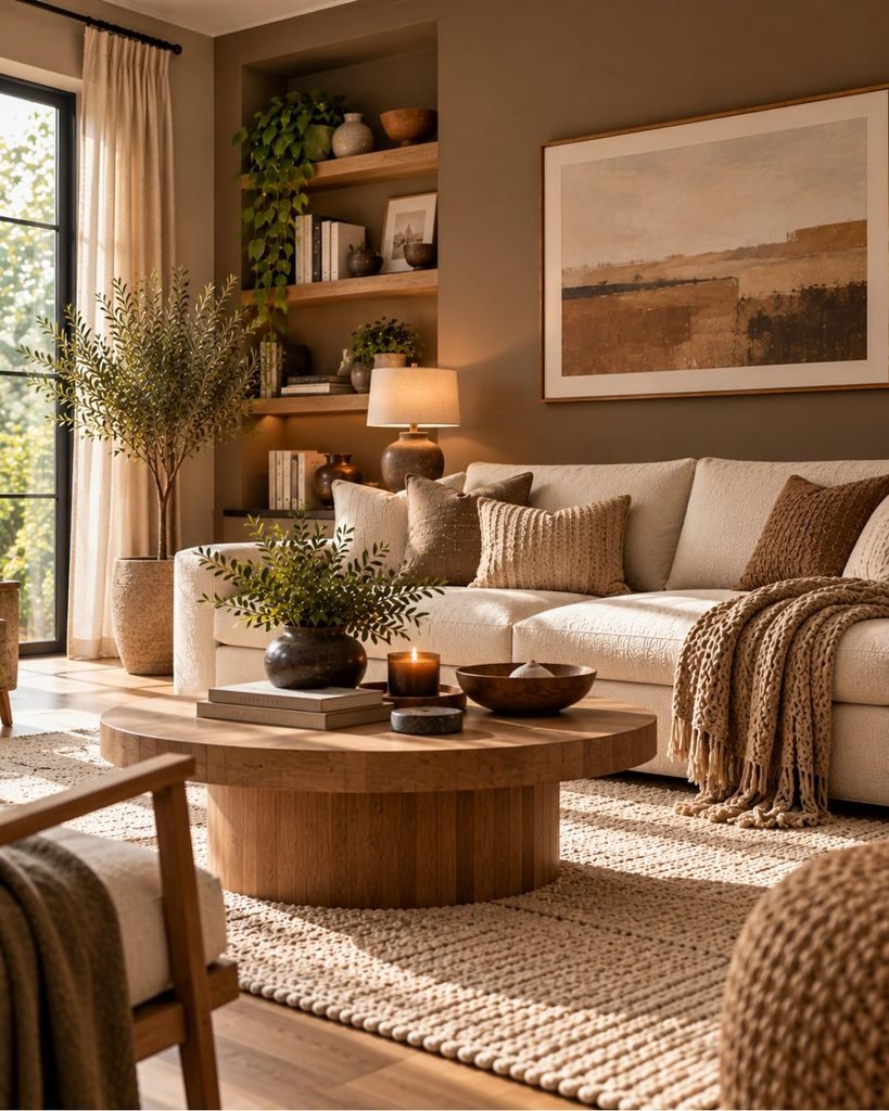 Mushroom brown living room with a warm white sofa, pale wood furniture, natural textures, and soft daylight