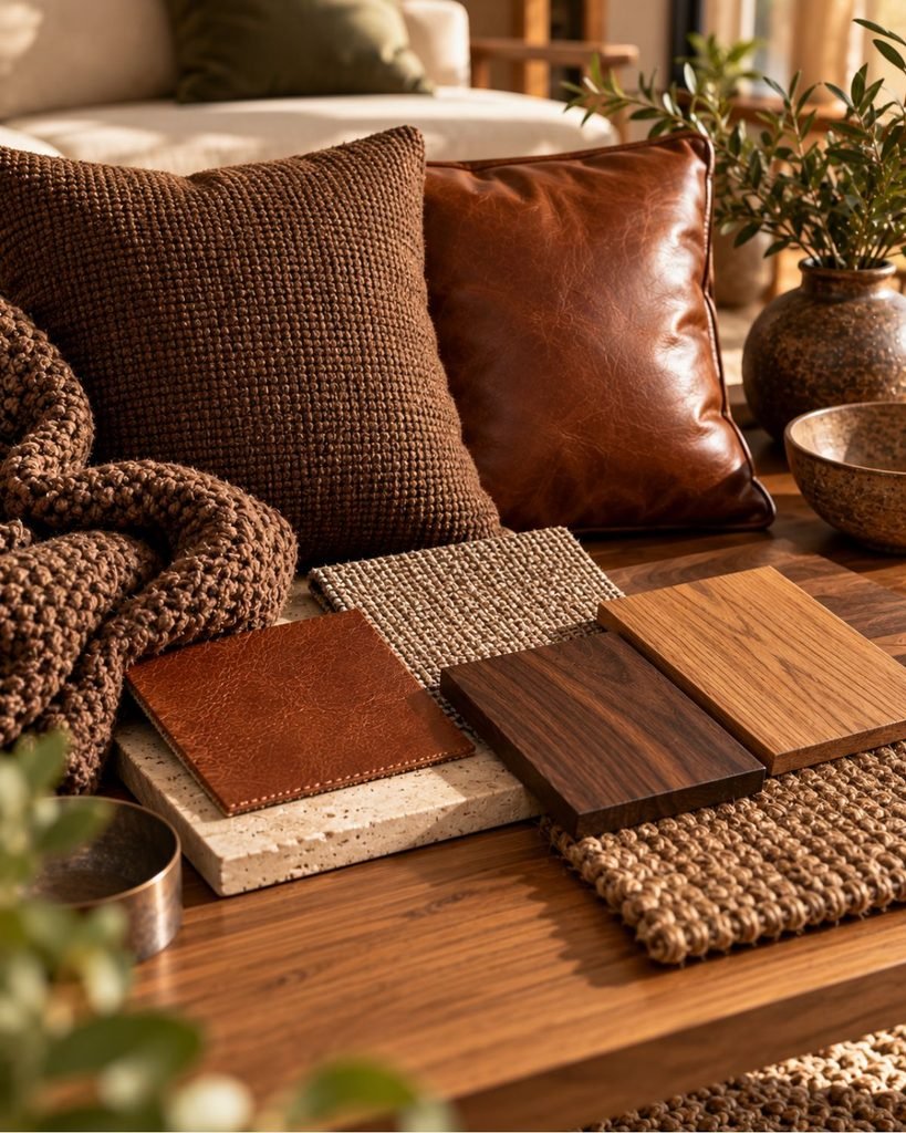 Brown material finishes including textured fabric, leather, walnut, lighter wood, woven fibers, ceramic, and stone