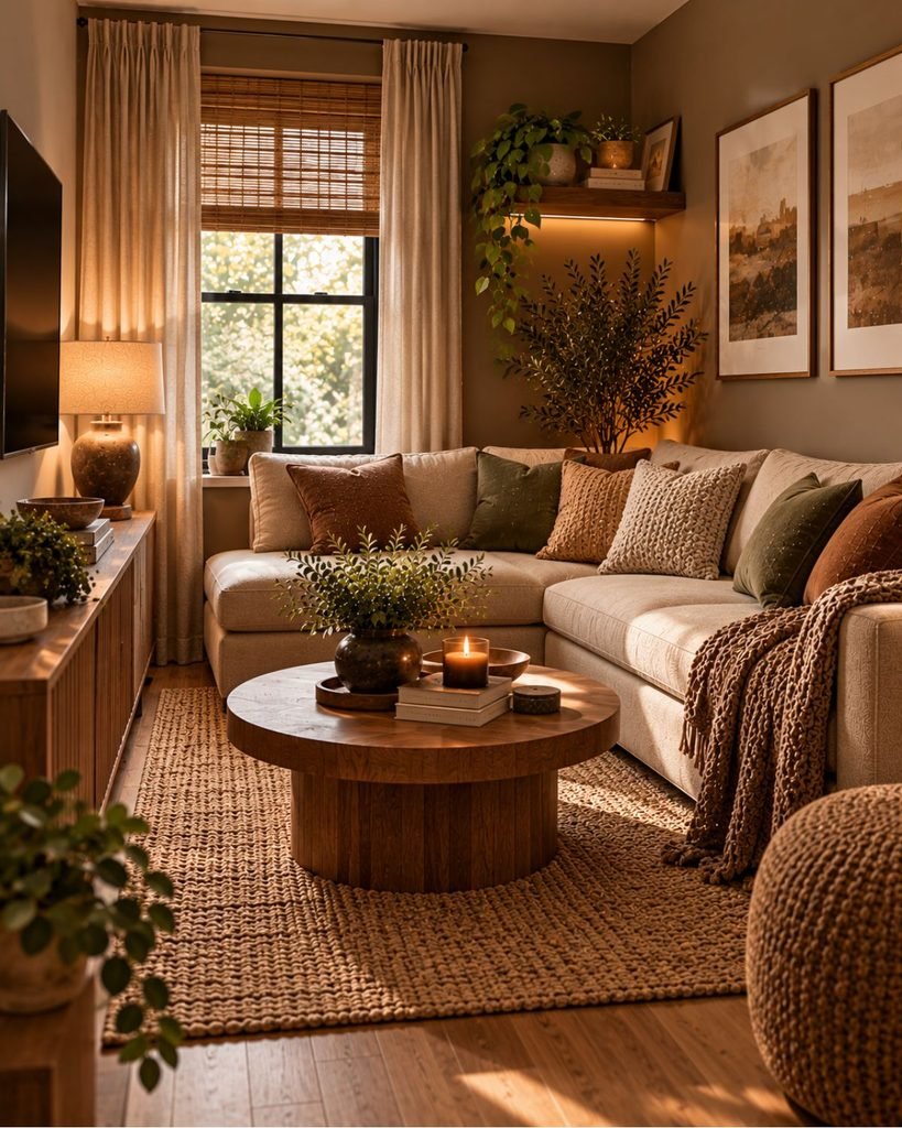 Small brown living room with cream seating, warm brown walls, walnut furniture, woven textures, and layered earthy accents