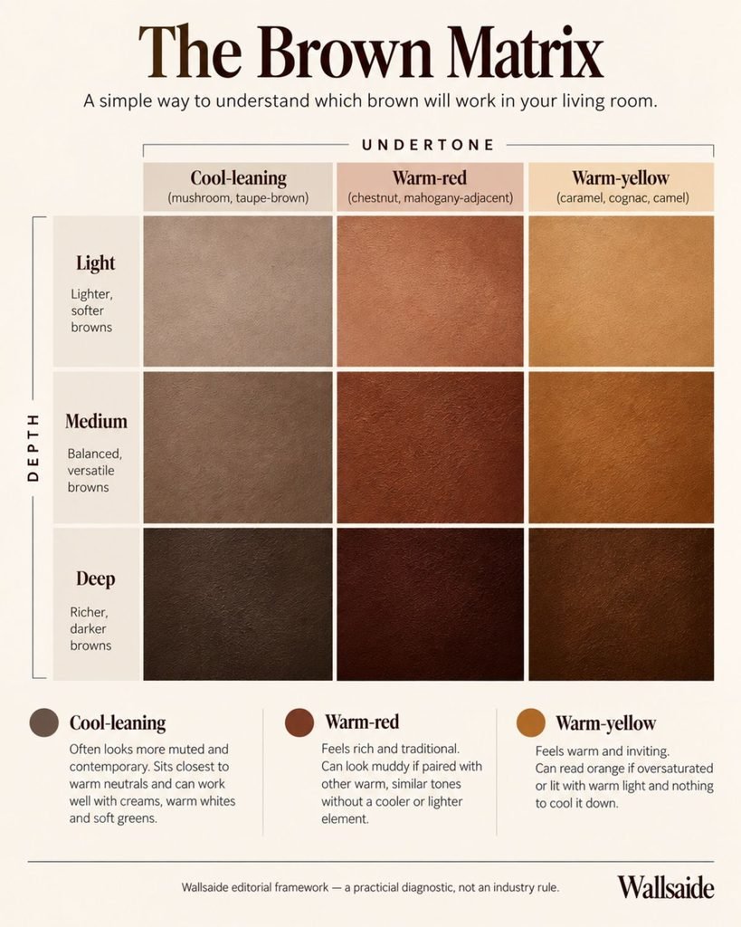 Wallsaide Brown Matrix showing cool, warm-red, and warm-yellow brown undertones across light, medium, and deep values