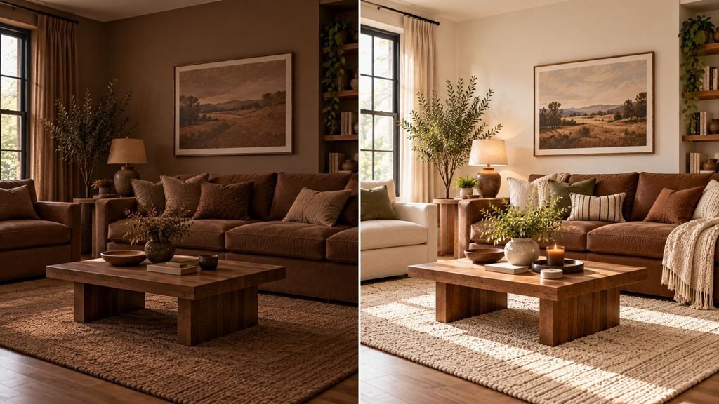 Side-by-side brown living room comparison showing a dark low-contrast palette and a balanced version with cream surfaces and lighter textiles
