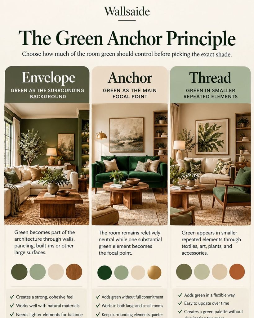 Wallsaide Green Anchor Principle showing green used as an envelope, anchor, or thread in a living room