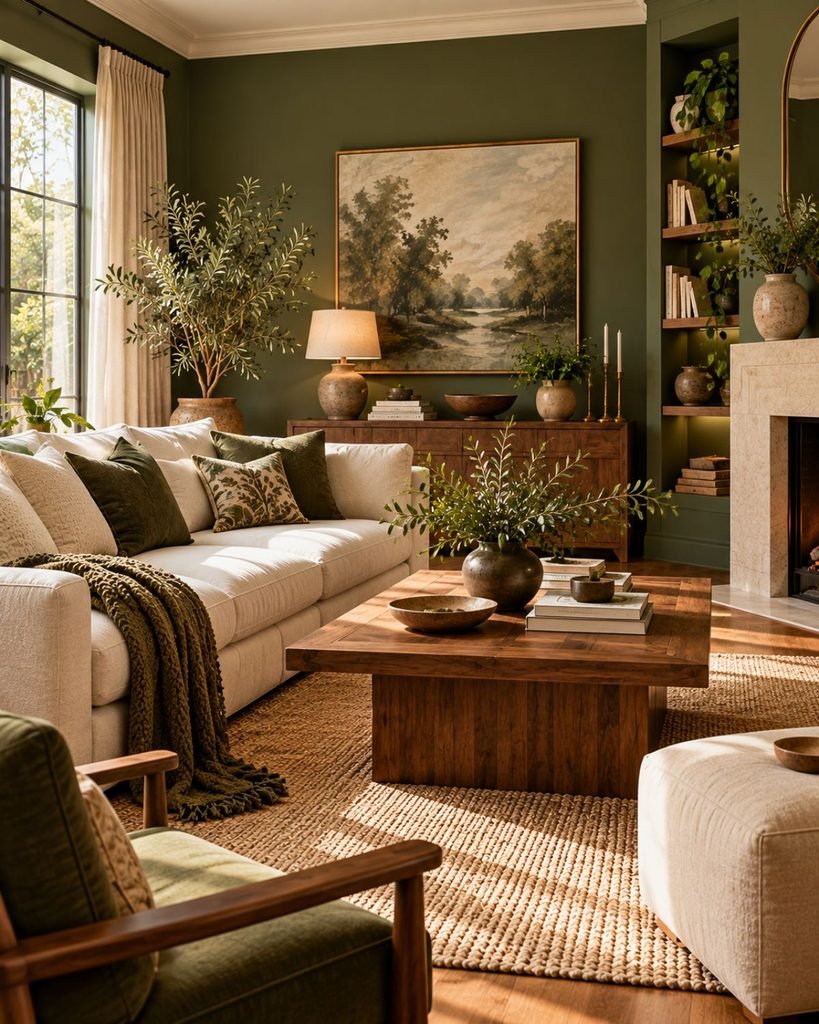 Olive green living room with cream seating, walnut furniture, warm textiles, and natural daylight