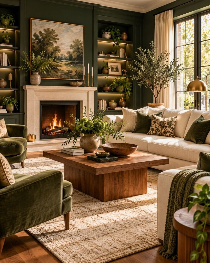 Forest green living room with cream furniture, warm wood, brass details, and a light neutral rug