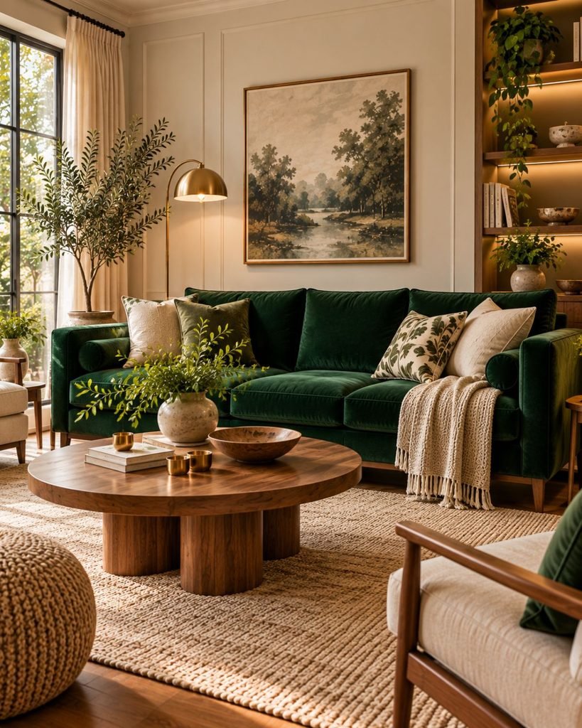 Emerald green sofa in a warm neutral living room with wood furniture and restrained brass accents