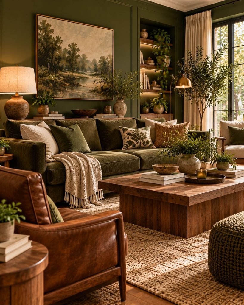 Moss green living room with brown leather, walnut furniture, cream textiles, and earthy natural materials
