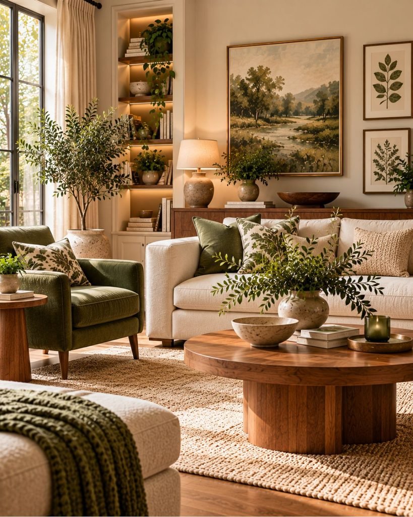 Neutral living room with green accent chair, patterned cushions, artwork, and small green decorative details