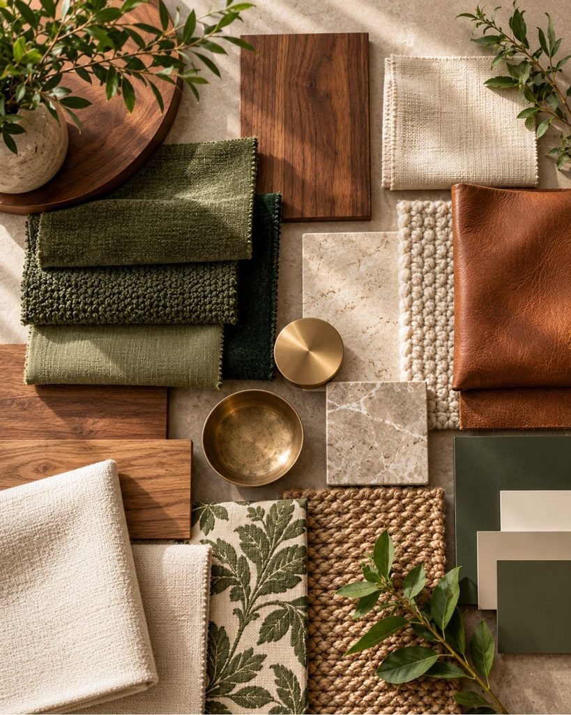 Green living room material palette with olive fabric, walnut wood, cream linen, stone, leather, and brass
