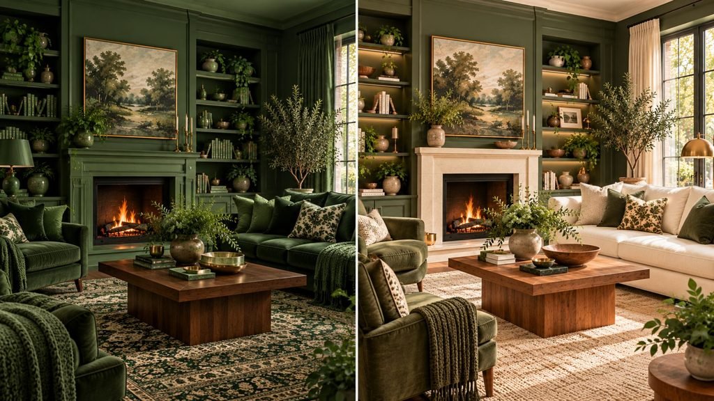 Comparison of an overdone green living room and a balanced version with cream, wood, and controlled green accents