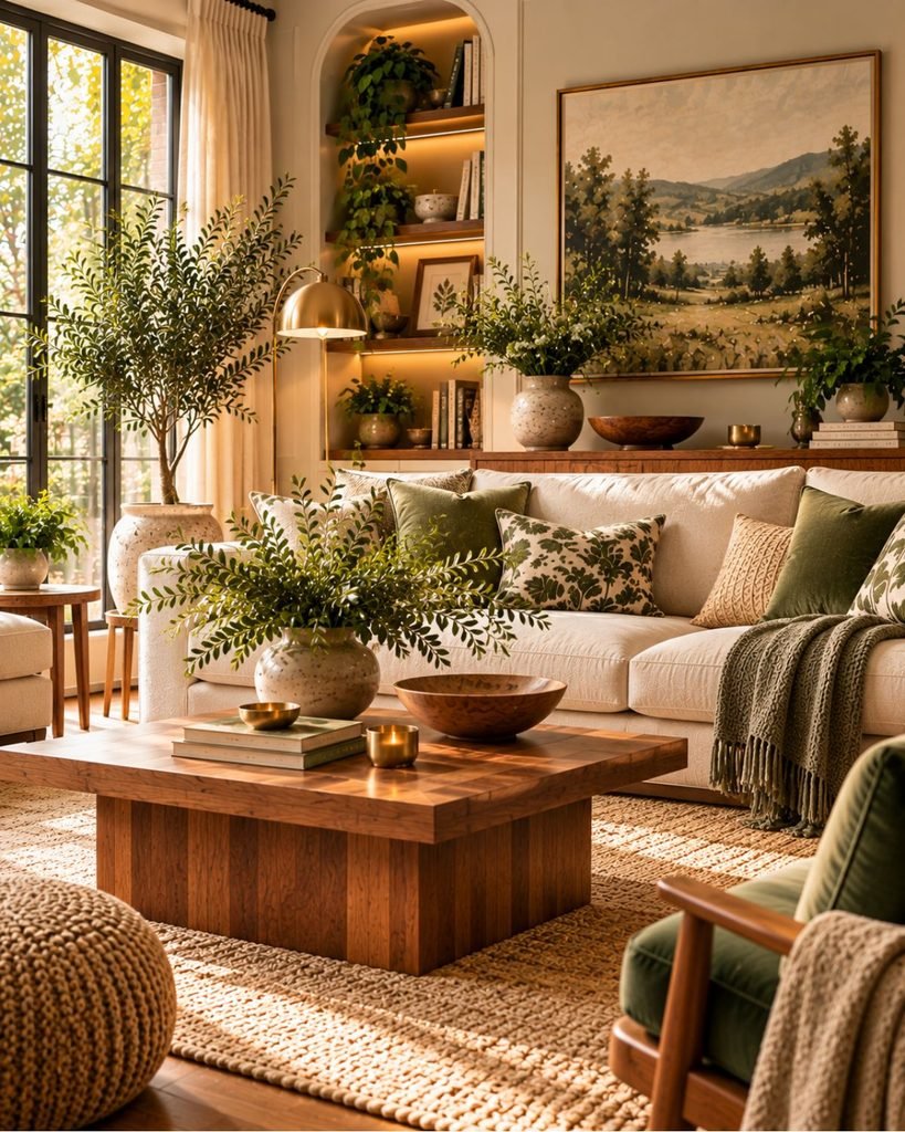 Small green living room with an olive sofa, warm white walls, compact wood furniture, and a light textured rug