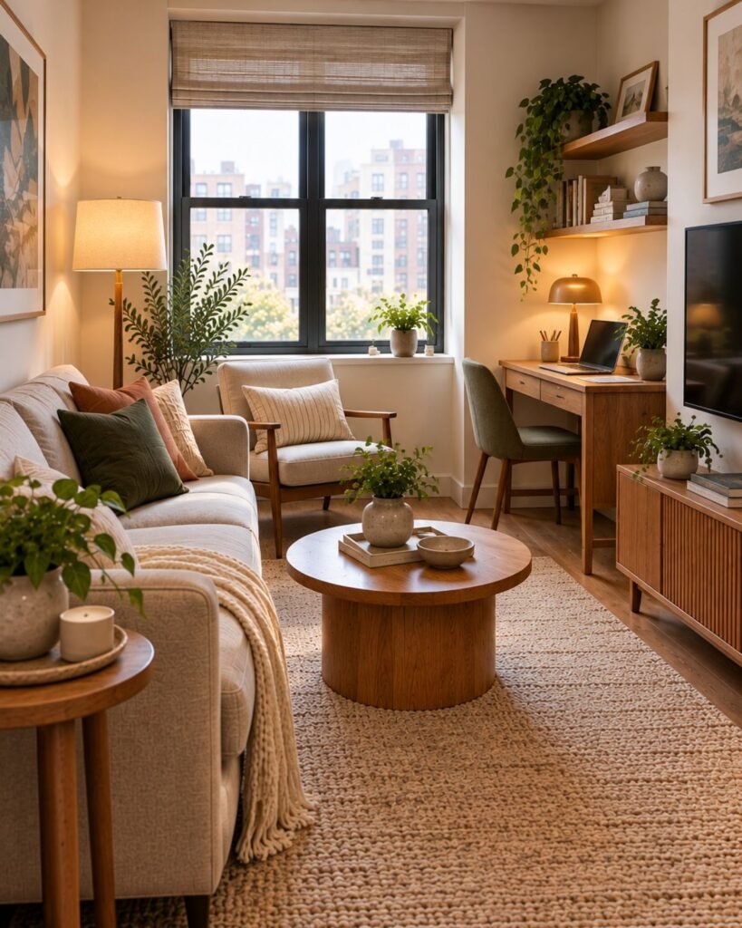 Small apartment living room with a narrow console used as an occasional home workspace