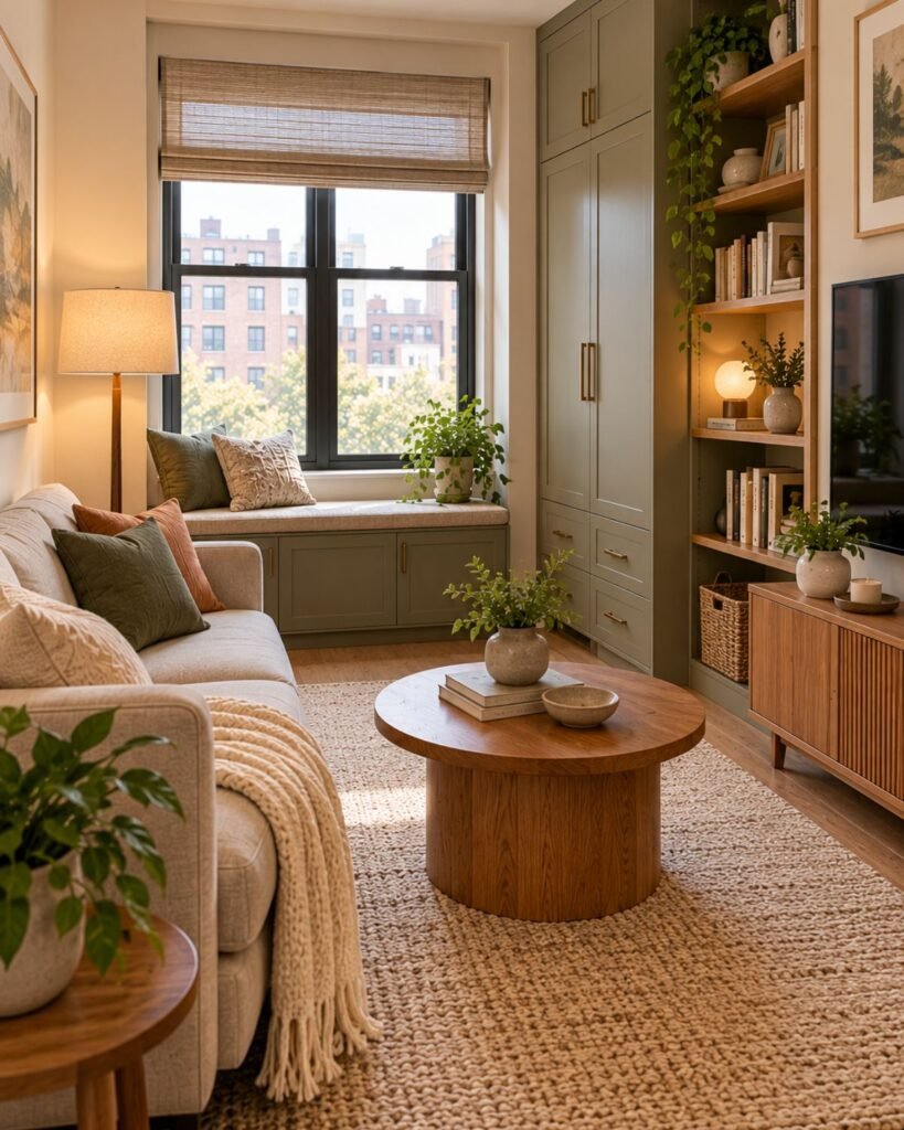 small apartment living room with a tall closed cabinet, storage bench, and limited open shelving
