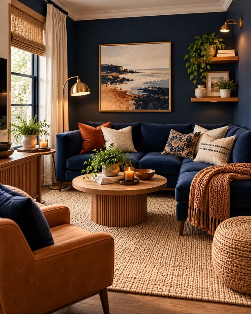 Small navy living room with compact cream seating, warm wood furniture, a light rug, and layered lighting