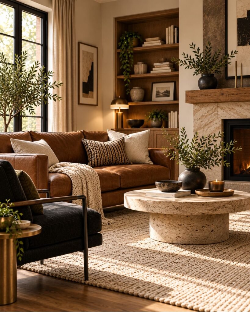Living room with a black armchair, cognac brown leather sofa, and stone coffee table