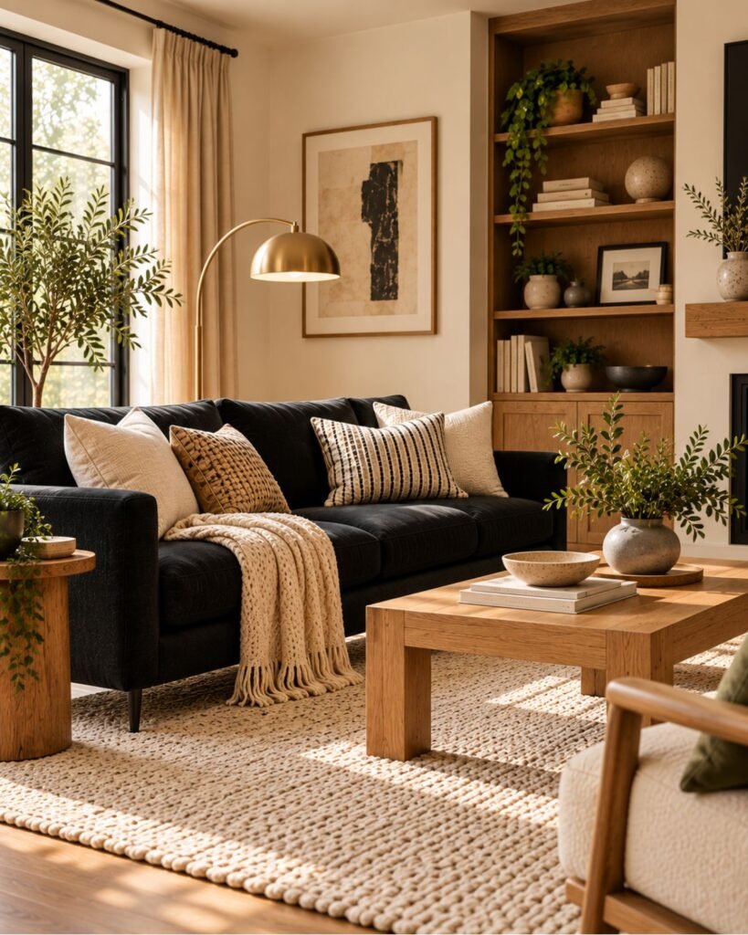 Living room with a black sofa, cream walls, warm oak furniture, and a light rug
