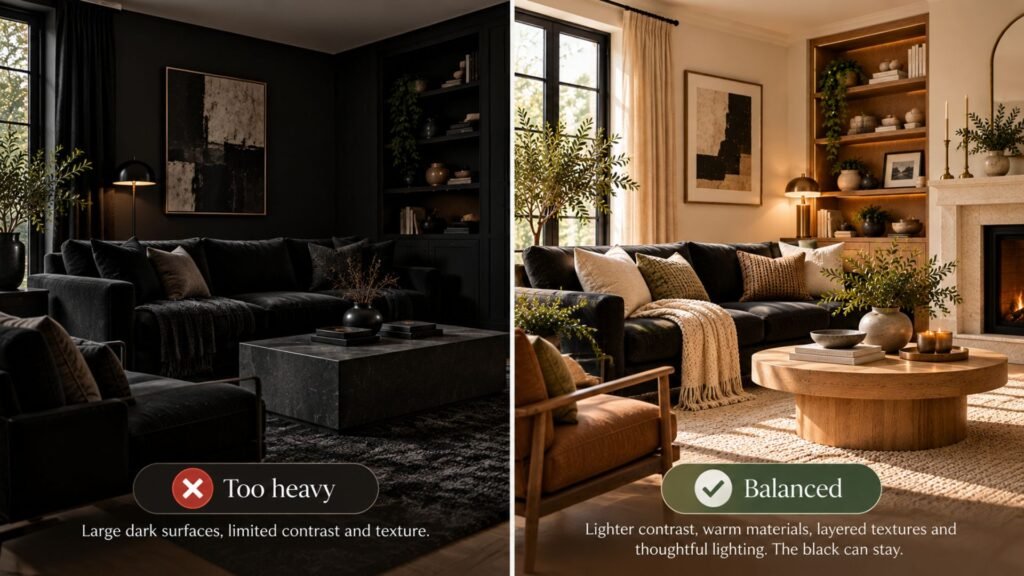 Comparison of a heavy dark living room and a balanced black living room with lighter contrast, warm wood, and layered lighting