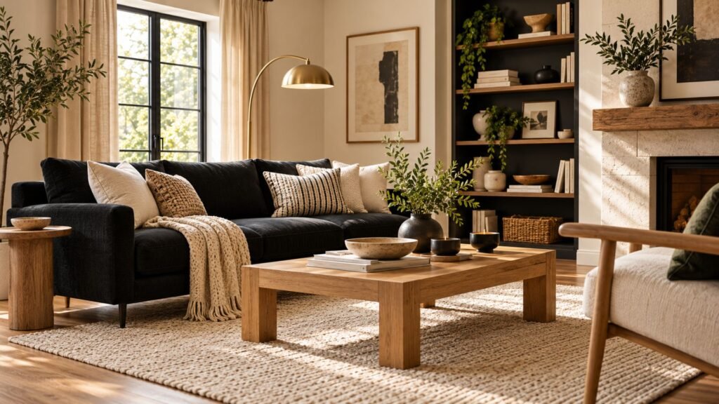Black living room ideas with a black sofa, warm oak coffee table, and light oatmeal rug