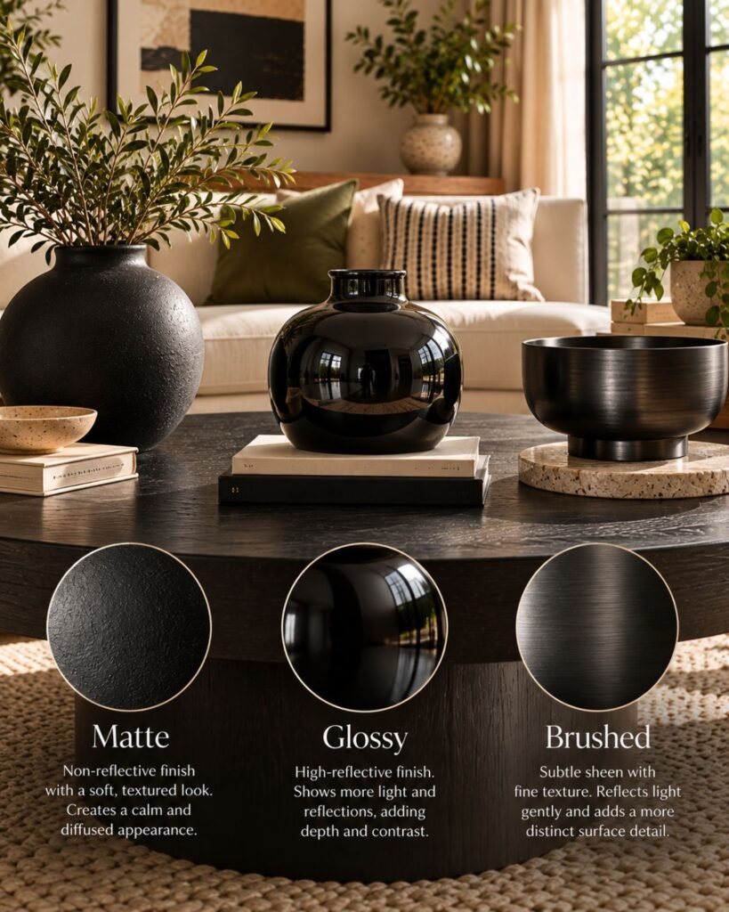 Matte, glossy, and brushed black finishes shown together under natural light
