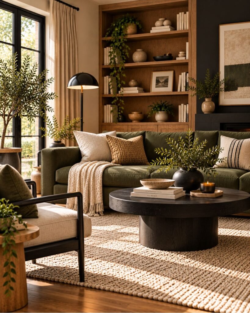 Living room with a black coffee table, muted green sofa, and natural wood shelving