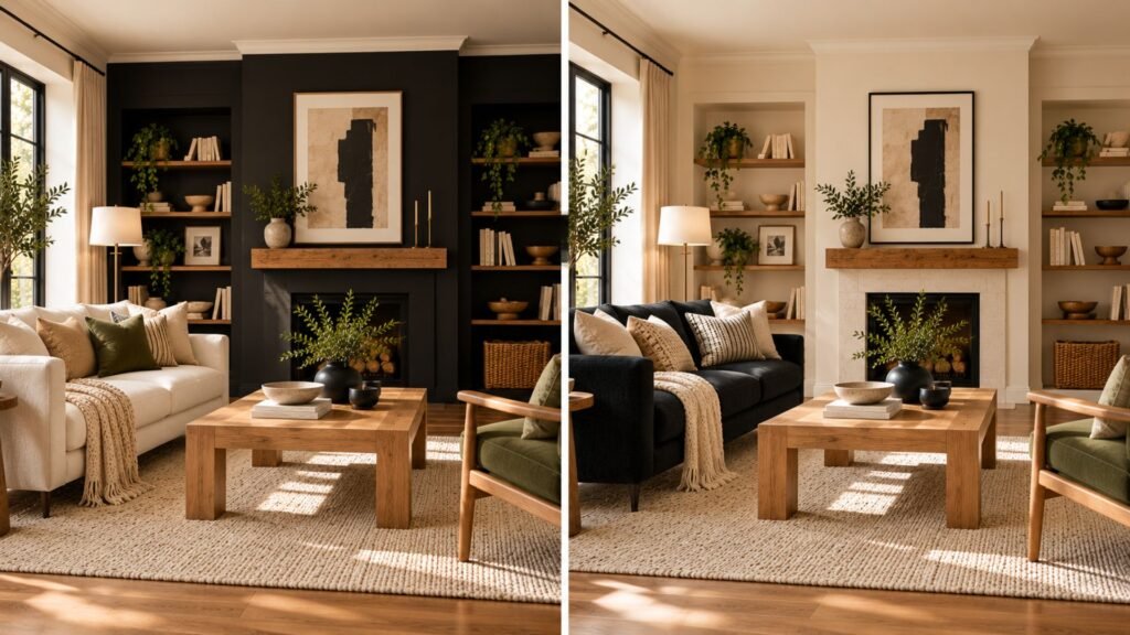 Comparison of a living room with a black wall versus the same room with a black sofa