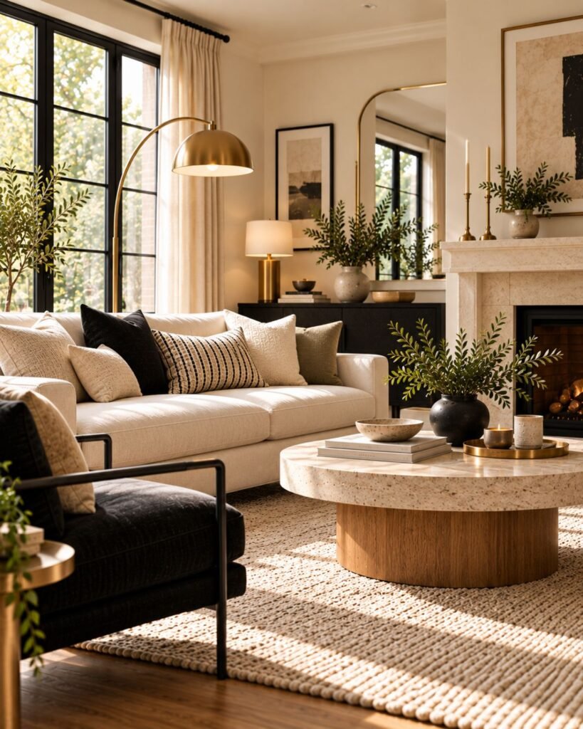 Living room with black accents, warm white walls, brass lighting, and natural textures