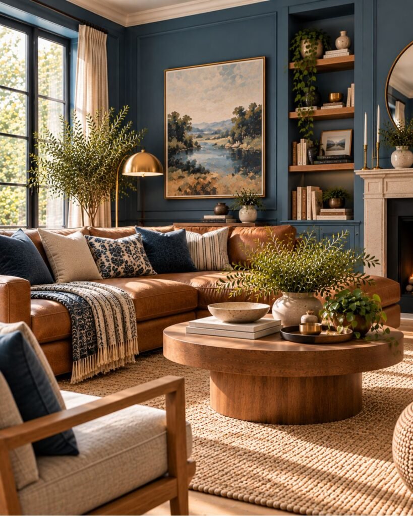 Mid-blue living room with a brown leather sofa, warm wood furniture, cream accents, and natural textures