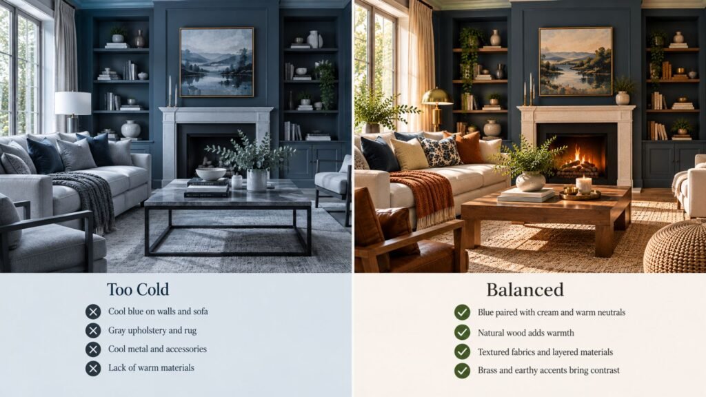 Side-by-side blue living room comparison showing a cool gray scheme and a balanced version with cream, warm wood, brass, and earthy accents