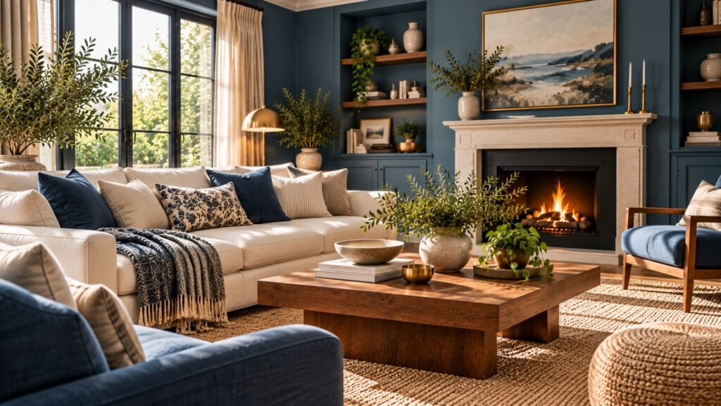 Blue living room ideas with smoky blue walls, cream seating, warm wood furniture, and layered natural textures