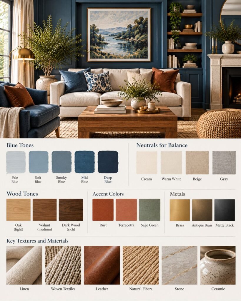 Blue living room material palette showing blue tones, warm neutrals, wood finishes, earthy accents, metals, and natural textures