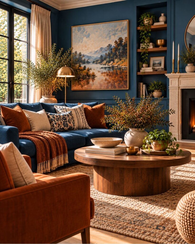 Deep blue living room with rust and terracotta seating, warm wood, brass accents, and woven textures