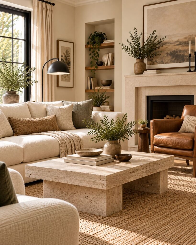 Cream living room with a cognac leather chair and a stone coffee table